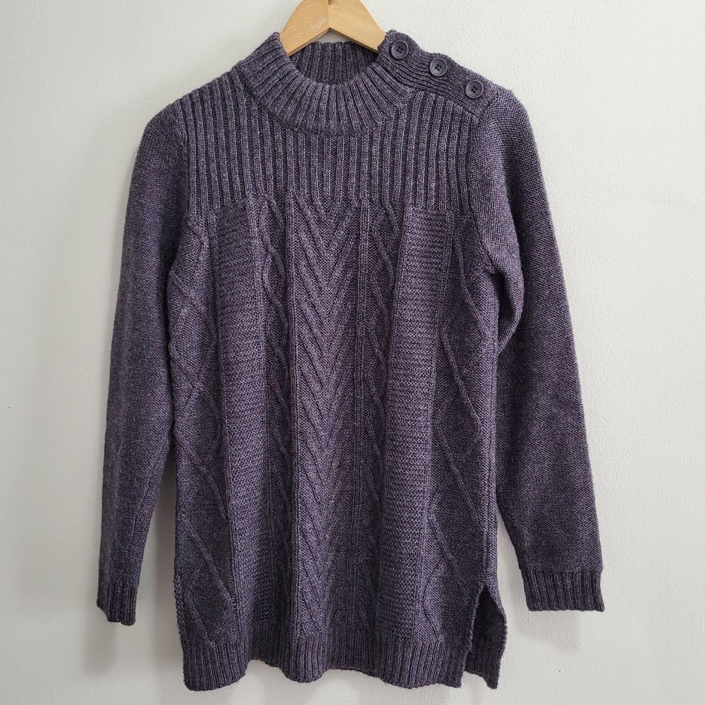 Woolovers Cableknit Curved Hem Purple Wool Mockneck Chunky Sweater Size Small